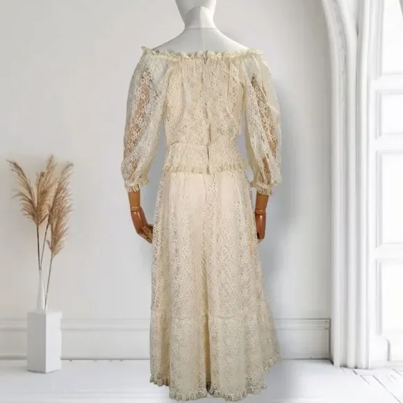 Vintage 70s Lace Puff Sleeve Midi Dress Size 4 Boho Wedding Cocktail - Picture 3 of 14